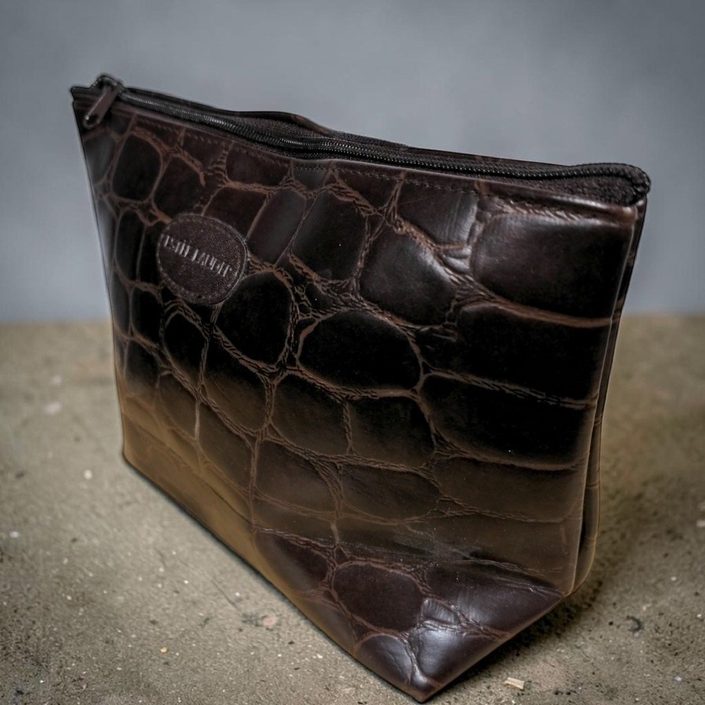 Estee Lauder Brown Faux Croc Cosmetic Makeup Bag Embossed Travel Clutch - Picture 2 of 9